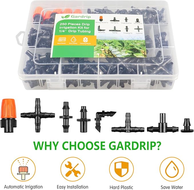 250 Pcs Drip Irrigation Fittings Kit for 1/4" Tubing:Gardrip 1/4 Inch Drip Irrigation Barbed Connectors (Nozzles, Nozzle Tees, Single Barbs, Couplings, Tees, Elbows, Plugs, Crosses) for Garden Systems