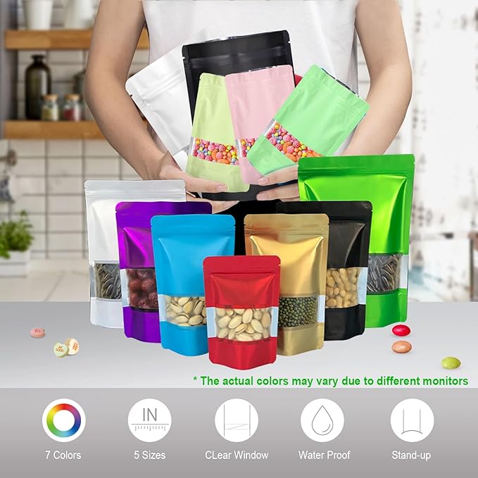 7.1"x10.2" 1 Quart 120pcs Mylar Bags for Food Storage,Smell Proof Bag with Matte Window Resealable Food Storage Bags for Small Business, Stand-up Foil Pouch Packaging Freeze Dried Candy Bag(Beige)