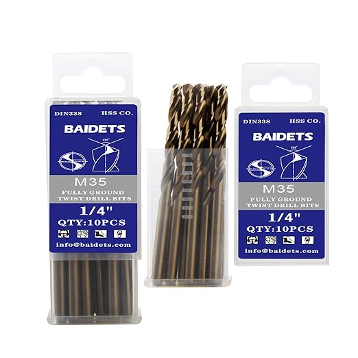 1/4" Cobalt Drill Bits 10Pcs - BAIDETS M35 1/4 Inch HSS Metal Twist Drill Bits Set for Hard Metal, Stainless Steel, Cast Iron and Other Hard Materials