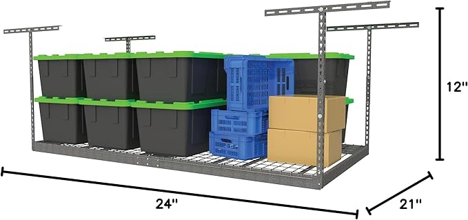 MonsterRax Overhead Garage Storage Rack - 4 x 8 Ceiling Racks for Garage Shelving, Organization, Adjustable Hanging Storage, Grey, 12"- 21" Height Adjustment
