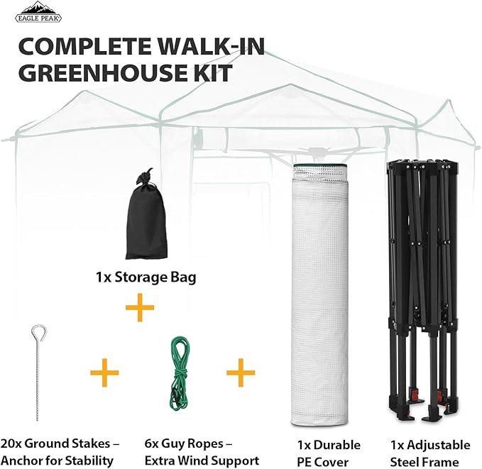 EAGLE PEAK 6.6x6.6 ft Hexagon Pop up Greenhouse, Portable Walk-in Grow Tent for Seed Starting, Garden Plants, Indoor Outdoor Green House, All-Weather Plant Shelter, PE Cover, White/Clear