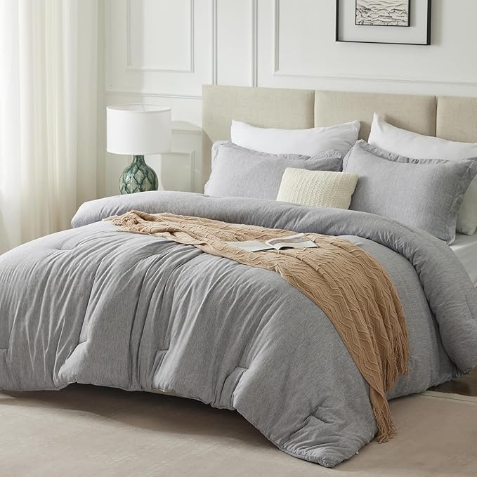 CozyLux California King Comforter Set - 3 Pieces Light Grey Soft Luxury Cationic Dyeing Cal King Comforter for All Seasons, Gray Breathable Lightweight Bedding Sets with 1 Comforter and 2 Pillow Shams