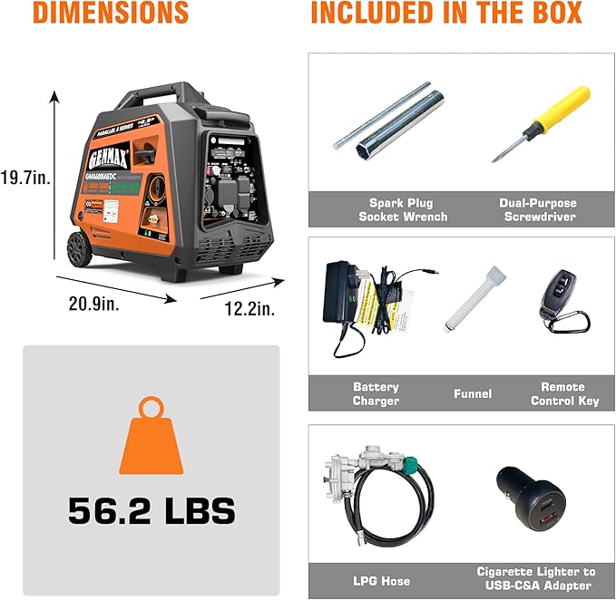 GENMAX Dual Fuel Generator,4600W ultra-quiet 159cc engine,Electric & Remote Start with CO Alert and LED light digital display,Ideal for Camping outdoor & Home backup power.EPA &CARB Compliant