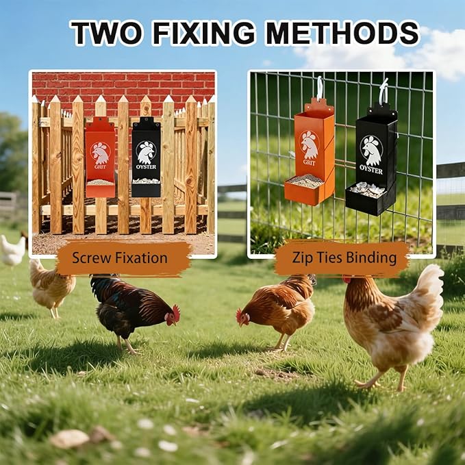 Metal Chicken Grit and Oyster Shell Feeder, Automatic Chicken Feeder - Hanging Gravity Design, Zero-Waste Spill-Proof, Chicken Coop Accessories for Healthier Hens & Eggs