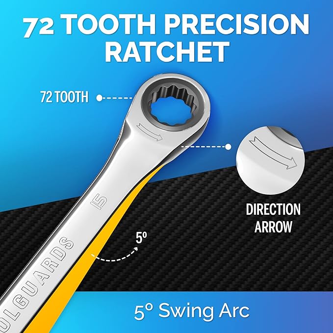 TOOLGUARDS 15mm Wrench - Ratcheting Wrench - Slim Profile - Ratchet Wrench - 100% Lifetime Satisfaction Guarantee