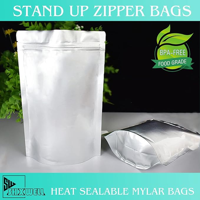 SHXWELL 50pcs 2 Quart Mylar Bags for Food Storage, 8"x12" 10 Mil Stand-Up Zipper Pouches Resealable and Heat Sealable for Long Term Food Storage(8"x12", Extra Thick)