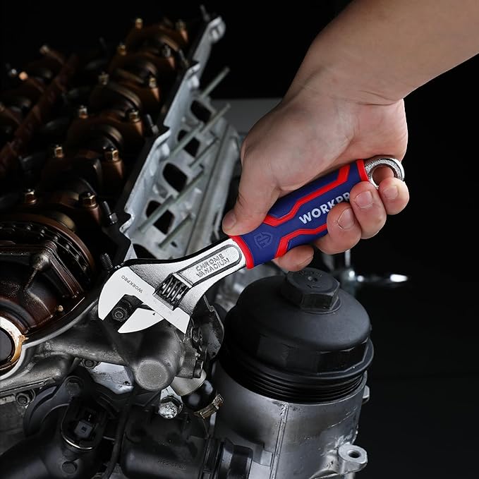 WORKPRO 8-inch Adjustable Wrench, Wide Jaw Opening Wrench with Rubber Anti-slip grip, Metric/SAE Scales, Premium Cr-V Steel, Chrome Plated