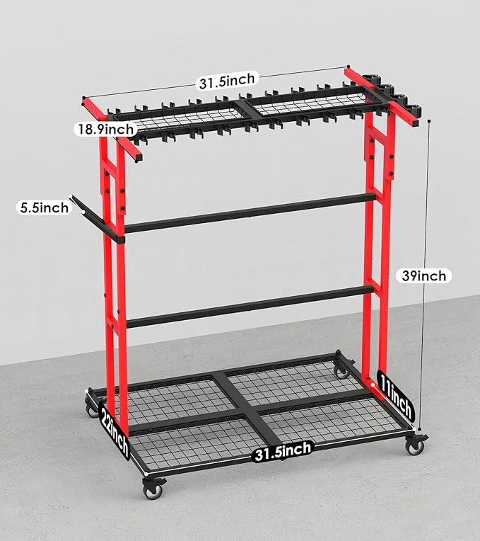 CCCEI Garage Organization with Wheels, Outdoor Gargen Yard Shed Tools Organizer Cart, Home Storage for Cleaning Supplies, Broom Holder, for Shovel and Rake, Long Farming and Farming Tools, Red.