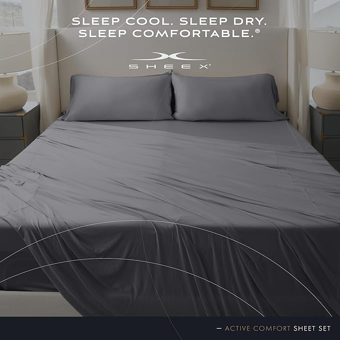 SHEEX - Active Comfort Cooling Sheets Set (King/California King) Pewter - Moisture Wicking - 1 Flat Cooling Sheet, 1 Fitted Cooling Sheet, 2 Cooling Pillow Covers - Wrinkle Free - Sleep Aid