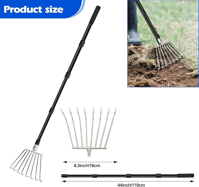 Rake for Leaves Small, Metal Leaf Rakes for Gardening Thatching Weeding Tilling Soil Planting, Hand rake Garden Tool for Cleaning Debris, Weed, Grass in Lawn, Yard, Flower Beds, Landscape