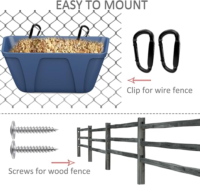 Hanging Chicken Feeder Trough for Goat Sheep Deer Poultry Duck Chicken Fence Feeder Livestock Feeding Container Goats Supplies Feeders Waterer Bucket (Black and Blue)