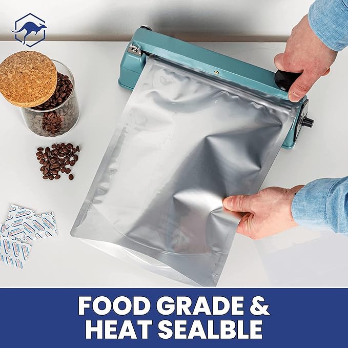 Wallaby 100ct Multi-Size Mylar Bags, 400cc Oxygen Absorbers, 15 & 10 Mil Total Thickness, 1-Gal, 1-Qt, 1/2-Pt, Stand-Up, Zipper & Heat-Sealable, Gusseted Zipper Bags for Long-Term Food Storage