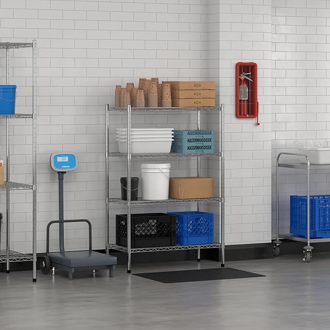 Commercial NSF Listed Chrome Stationary Wire Shelving Kit 18" x 36" x 54", with 4 Shelves Perfect for Warehouse, Walk-in Refrigerator, Freezer, Grocery Store, Restaurant, Dishroom