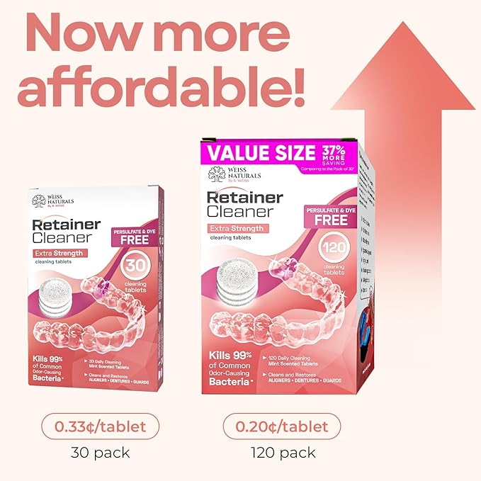 Weiss Naturals Retainer Cleaning Tablets, Invisalign Cleaner, Remove Stains, Odors & Plaque, Night Guard Cleaner PERSULFATE & DYE-FREE 2-Month Supply, Denture Cleaners, 60 Tablets