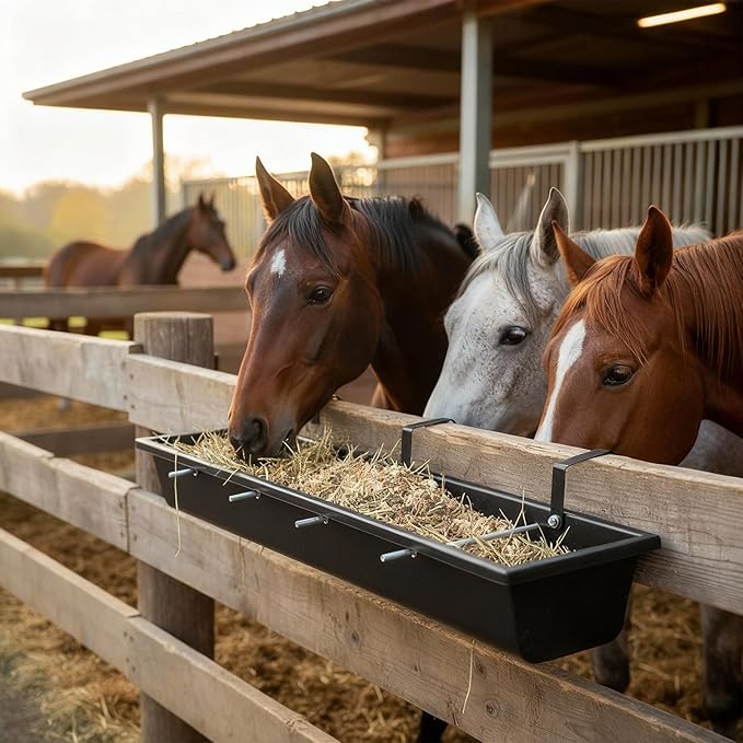 3 Pcs 26" Galvanized Steel Goat Feeder Hanging Trough 7.8 Quart Five Slot Heavy Duty Horse Livestock Fence Mount Feeder Divided Hook Over Rack Goat Water Trough for Horse Pig Dog