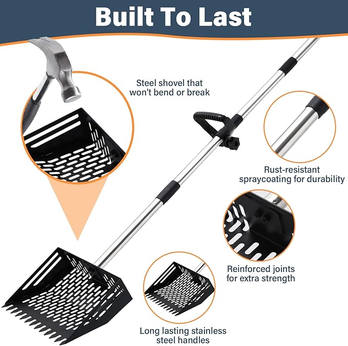 2 in 1 Chicken Poop Scooper & Rake, 10 Inch Sand Sifting Shovel with 35" to 62" Adjustable Stainless Steel Handle, Durable Litter Cleaner with Ergonomic Grip Gloves for Chicken Coop Farm Animal(Black)