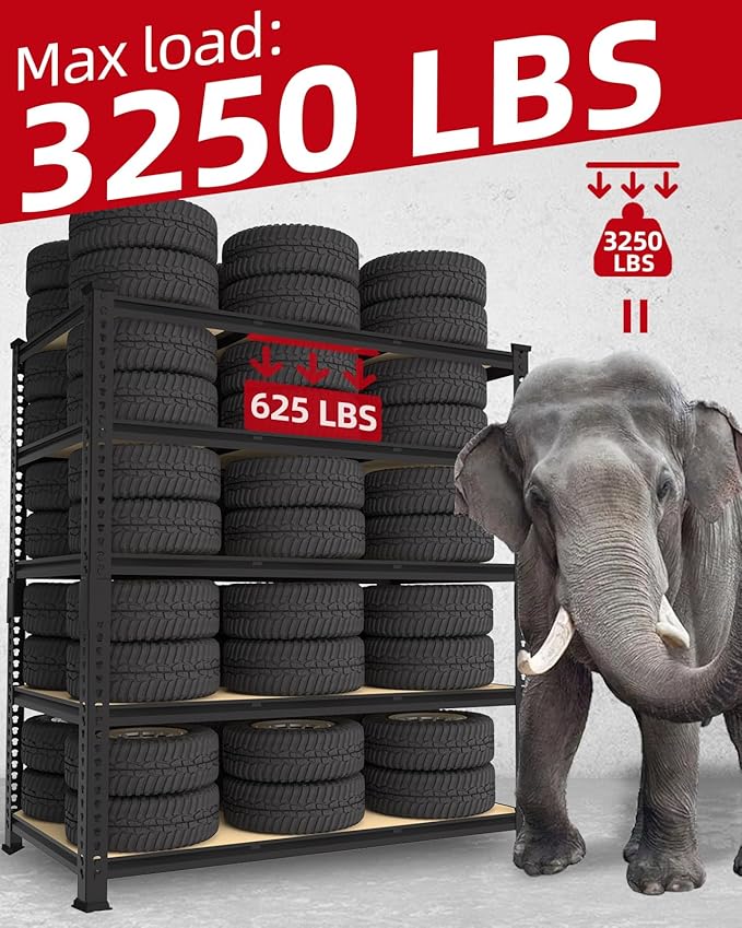 PrimeZone Heavy Duty Garage Storage Shelves - 48" W X 24" D X 72" H Adjustable Metal Shelving Unit, 5 Tier Industrial Shelves for Storage Standing Utility Rack for Warehouse, Pantry, Basement, Black