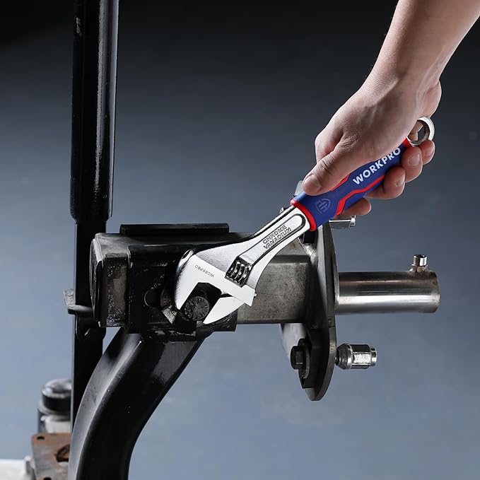 WORKPRO 10-inch Adjustable Wrench, Wide Jaw Opening Wrench with Rubber Anti-slip grip, Metric/SAE Scales, Premium Cr-V Steel, Chrome Plated