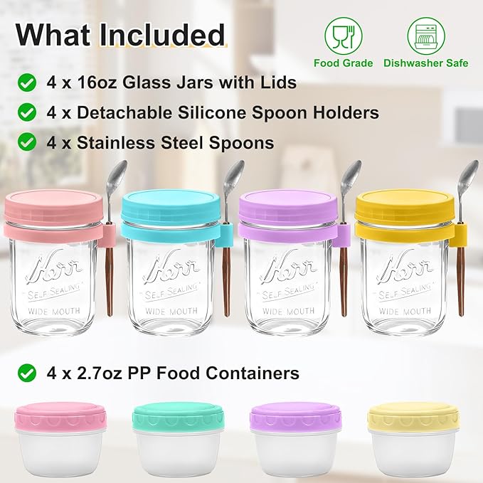 4-pack Overnight Oats Containers with Lids, Spoons & Small Containers for Nuts, 16oz Glass Mason Overnight Oats Jars with Airtight Lid, Reusable Chia Pudding Jars Yogurt Parfait Container with Lids