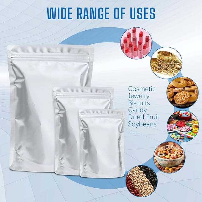 100 Pack Mylar Bags for Food Storage with 100x300cc Oxygen Absorbers - 9 Mil 10"x14", 9Mil 6"x9", 9Mil 4.3"x6.3" - Resealable Bags for Packaging Products & Ziplock Food Grade Bag for Storage