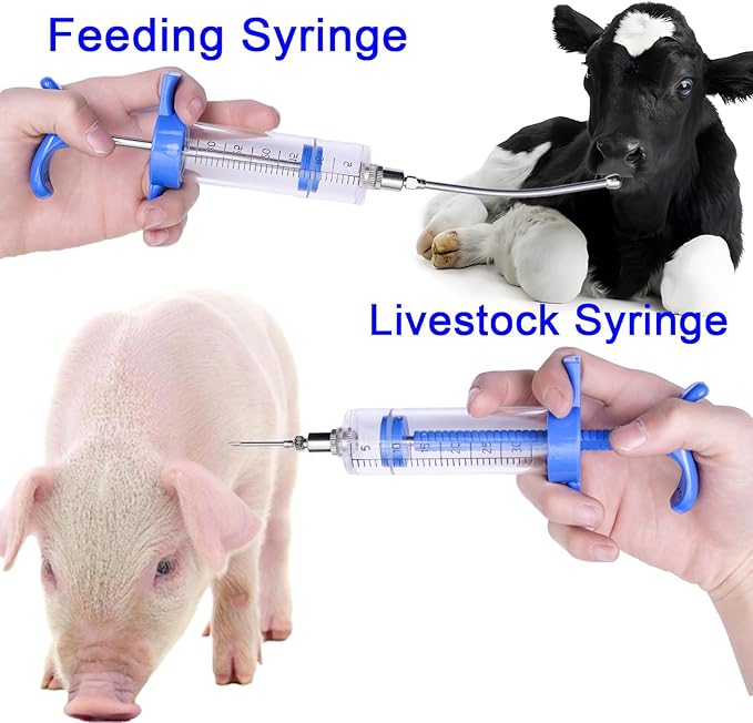 2Pcs 50ML Drencher Medicine, Reusable Adjustable Drench Gun Goat Syringe with Drench Gun Nozzle 10 Needles, for, Cattle, Sheep, Horse, Pig, Large Animal Feeding Syringe