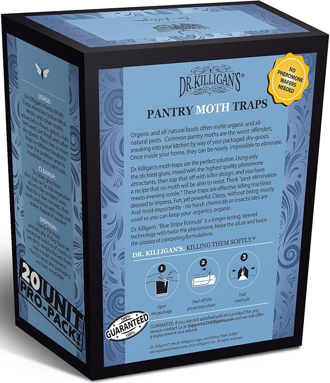 Dr. Killigan's Premium Double Potent Pantry Moth Traps with Pheromones Prime, Sticky Indian Meal Moth Traps for House, How to Get Rid of Moths in House (20 Pack, Blue)