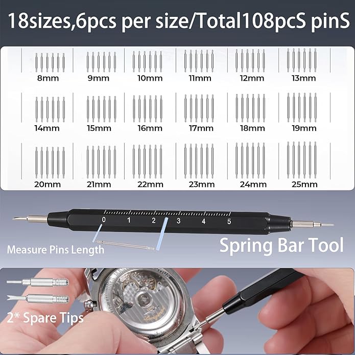 Watch Battery Replacement Tool Kit, 108PCS Spring Bars, 5-in-1 Precision Screwdriver, Adjustable Back Case Opener, Holder, Pry Tool, Spring Bar Tool with Scale, Tweezer, Watch Repair Kit for Watch Back Removal and Band Replacement
