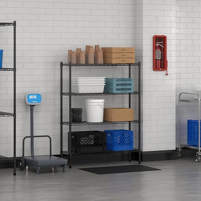 Commercial NSF Listed Black Epoxy Stationary Wire Shelving Kit 12" x 42" x 54", with 4 Shelves Perfect for Warehouse, Walk-in Refrigerator, Freezer, Grocery Store, Restaurant, Dishroom