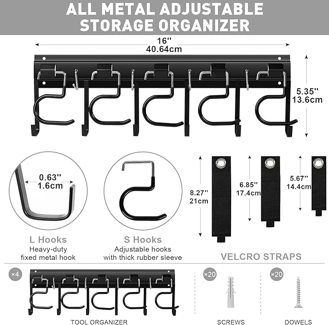 LEYU Metal Garage Tool Organizer Wall Mount, 4 Pack Garden Tool Organizer With Extension Cord Straps, Garage Organization Hooks and Hangers for Shed, Yard Storage, Wall Holder for Hanging Broom Mop