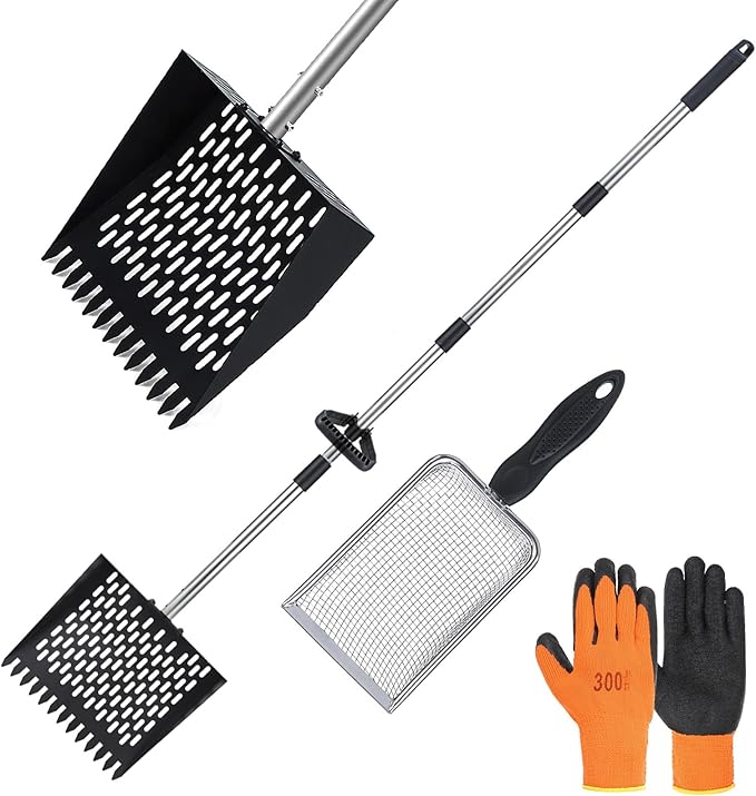 Chicken Poop Scooper and Rake 2-in-1 Metal Coop Scooper 15 to 65" Adjustable Stainless Steel Handle, with Small Net Shovel and Gloves Chicken Coop Goat Stall Stable Cleaning Tools