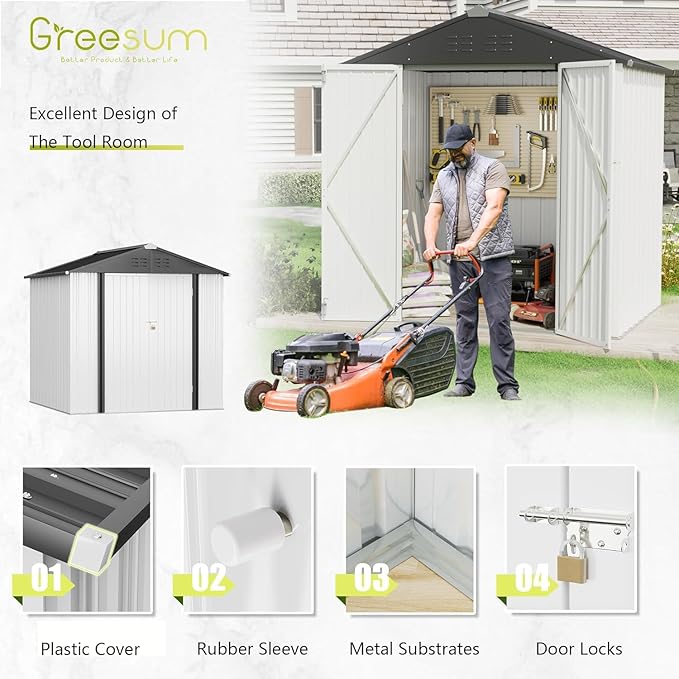 Greesum 6x4FT Outdoor Storage Shed, Utility Tool Shed Metal Storage Garden Shed with Door & Lock for Patio Storage, White