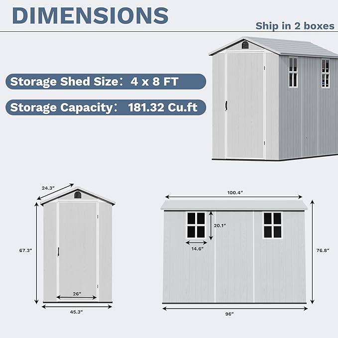 Devoko 4×8 FT Resin Outdoor Storage Shed, Garden Shed with Floor, Lockable Door and Two Windows, Waterproof Outside Plastic shed for Backyard, Bike, Tools, Lawn Mower, Light Grey