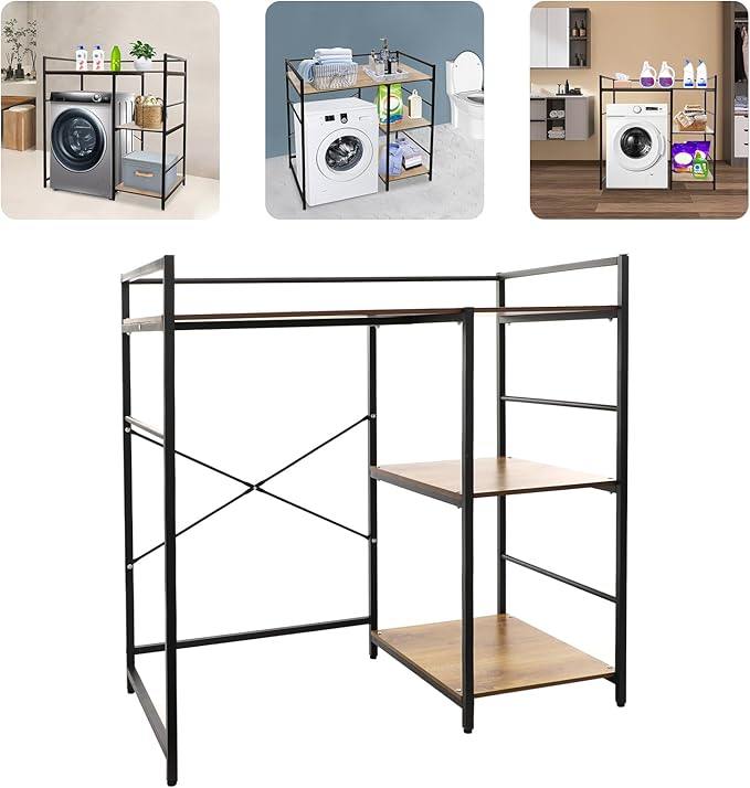 3 Tier Washing Machine Storage Shelf, Laundry Organizer Utility Rack with Side Shelves for Washer Dryer, Black Modern Storage Cabinet for Laundry Room Kitchen Balcony Hotel Porch