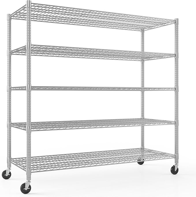 Himimi 60" W Storage Shelves, 5-Tier Wire Shelving with Wheels 3250LBS Heavy Duty Metal Shelves for Storage, Adjustable Wire Rack Shelving for Garage Kitchen Pantry 24" Dx60 Wx82 H, Silver