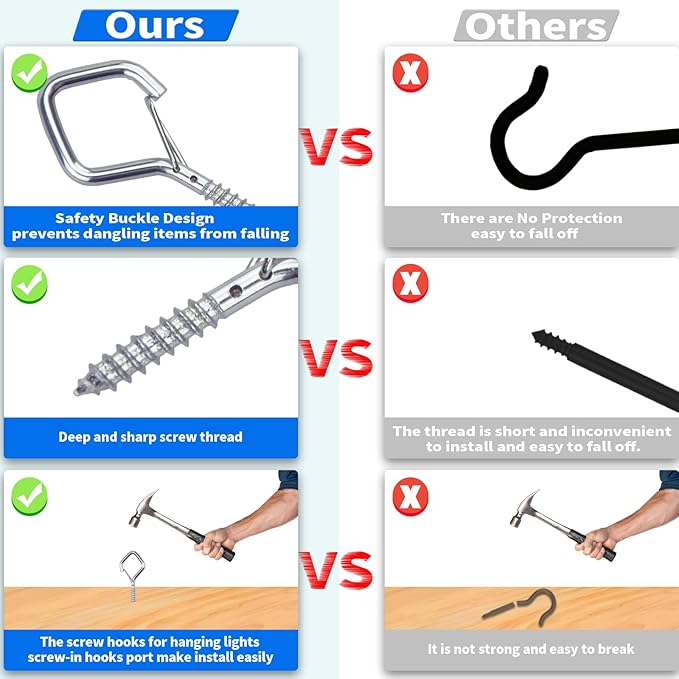 50 PCS Sliver Eye Screw Hooks for Hanging Heavy Duty with Safety Buckle.Metal Ceiling Hooks for Hanging Plants Cup Wind Chime Bird Feeders Patio Lights at Indoor&Outdoor