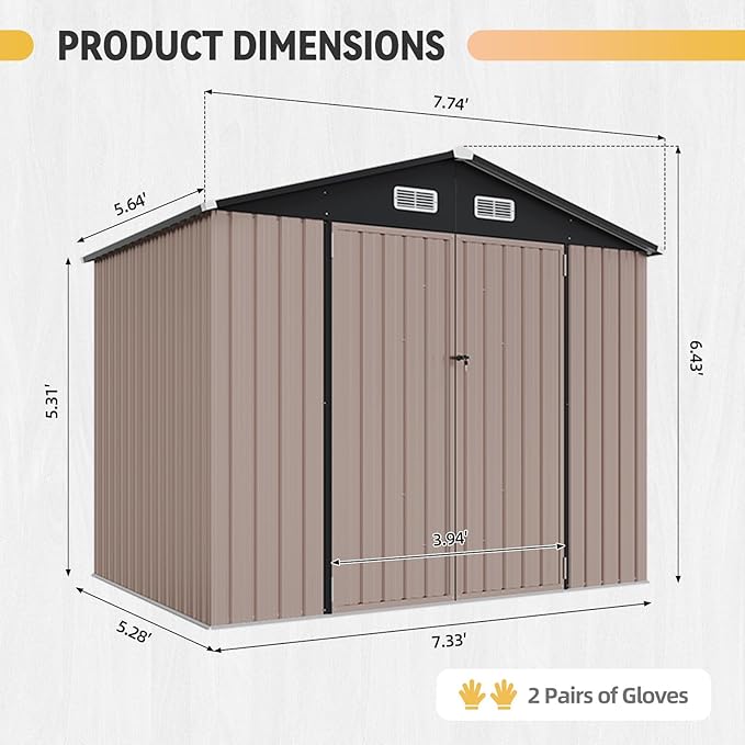 Aoxun 7.4x5.3FT Shed with Floor Galvanized Steel Outdoor Storage Shed Metal Garden Shed with Double Doors, 15mm Moisture-Proof Floor & Ventilation, Sloped Roof for Bike/Generator/Tool Storage (Brown)