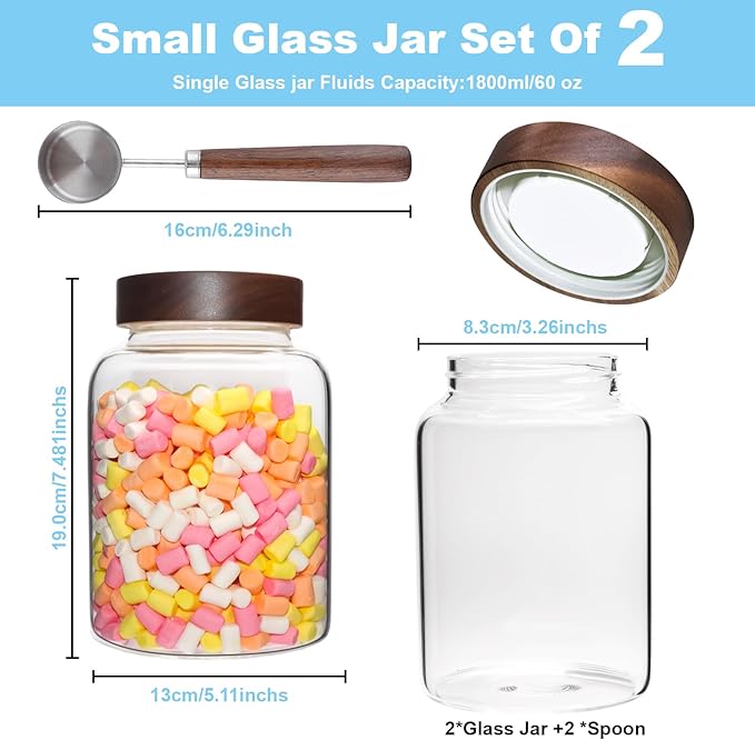 Glass Coffee Jars Spice Jar Round Storage Canister with Wooden Lid Clear Glass Food Jar for Pantry Sugar Tea Coffee Bean Spice Nuts Cookies Bath Salts (1800ml/60oz-2PACK(with spoon)