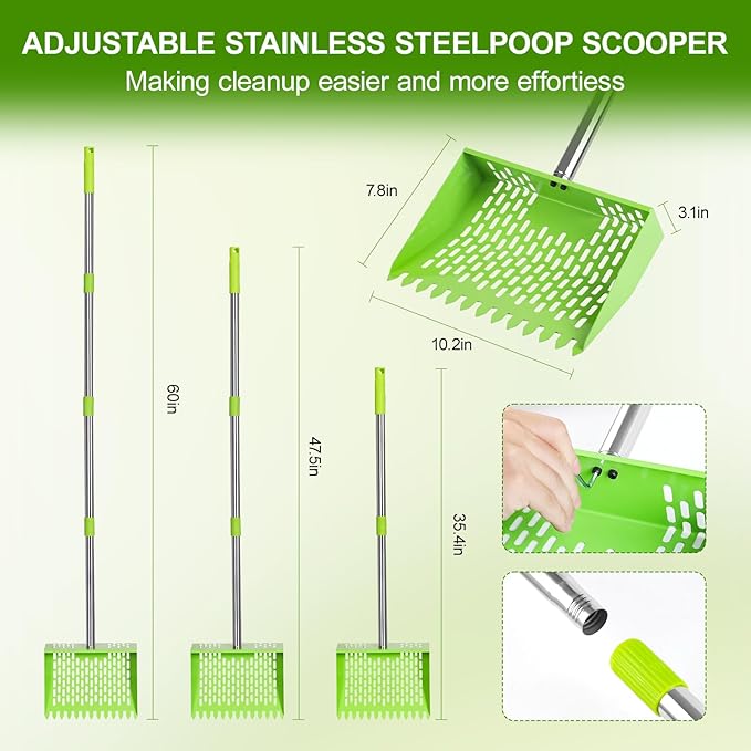 Poultry Waste Cleanup Tool, 2-in-1 Poop Scooper & Rake, 10-Inch Wide Sifting Shovel with Adjustable Stainless Steel Handle & Comfort Grip, for Chicken Coops, Barns, Pet Kennels & Sand (Green)
