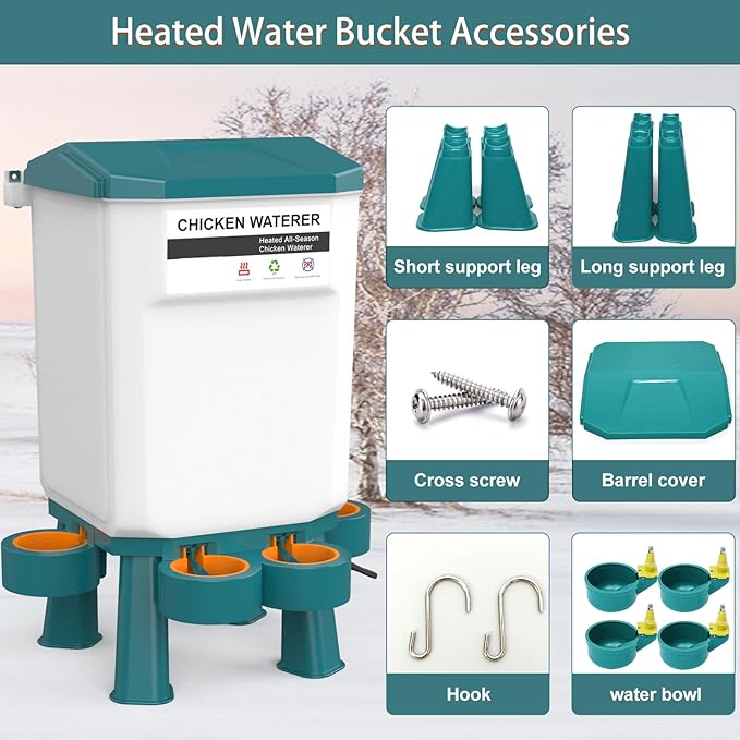 Heated Chicken Waterer, Plastic Chicken Water Heater, Anti-Freeze Heated Poultry Drinker with 4 Cups, Winter and Summer Dual-use, Poultry Water Heater for Chickens, Ducks, Geese - Green 7L