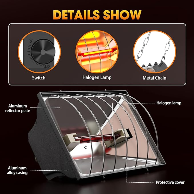 Chicken Coop Heater, Halogen Heat Lamp for Chickens, Ducklings, Goslings & Turkey, Safe Infrared Heating Lamp, Infinite Temperature Control, 50-250W, Even Heating, Adjustable Height, Gray