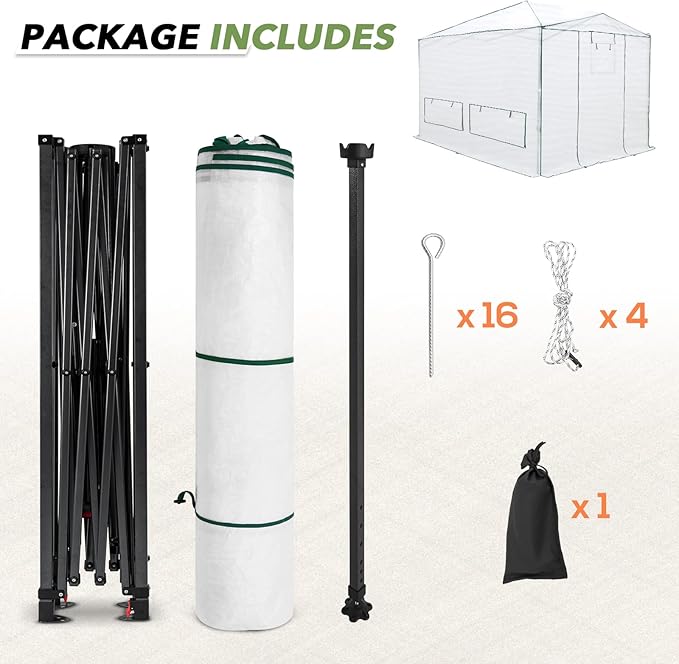 EAGLE PEAK Instant Pop-up Greenhouse, Indoor Outdoor Plant Gardening Green House, Roll-Up Zipper Doors and Side Windows & Winter Support Pole, Heavy Duty Walk in 12x8 ft, Woven PE Cover, White