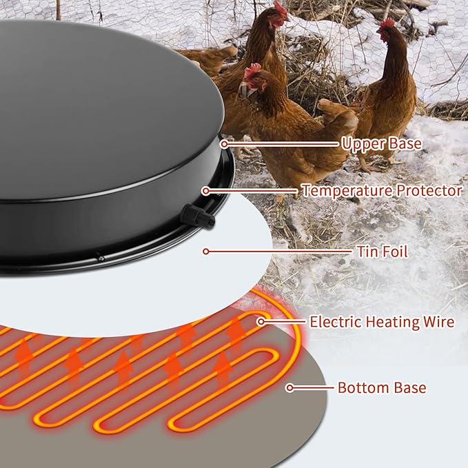 2PACK Chicken Water Heater for Winter,110Watt Heated Poultry Waterer Base,with Thermostat and 9.8ft Power Cord, Dia.11in,Suitable for Plastic/Metal Poultry Waterer