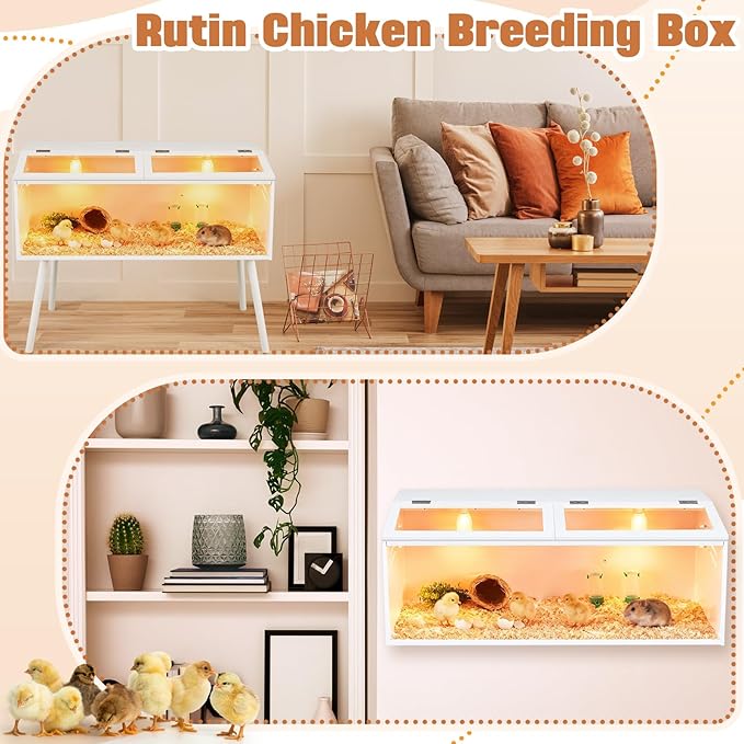 Brooder Box for Chicken Quails Stand Sliding Door, Bulb Set and Feeder, Indoor Chicks Coop Brooder Box Kit, for Ducks, Hamsters, Lizards, Mice, Rat (Table Legs,White,40 x 16 x 16 in)