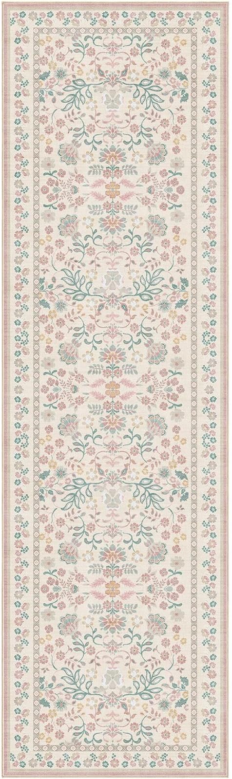 3x10 Runner Rug for Hallways Kitchen: 3x10 Washable Area Rug Boho Floral Soft Long Rug - Non-Slip Low Pile Throw Indoor Carpet for Entryway Kitchen Bedroom Laundry Bathroom- Pink