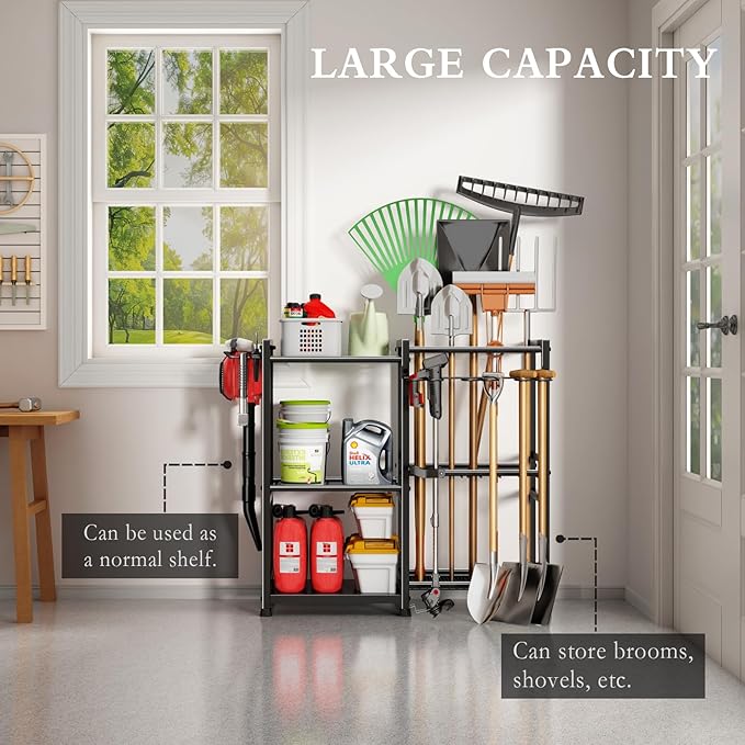 Garden Tool Organizer Storage Metal Yard Tool Organizer Heavy Duty Garden Tool Rack Stand with 2 Extra Hooks, Up To 70 Long Handled Shovels/Rakes/Brooms Holder for Garage,Shed,Outdoor(Black)