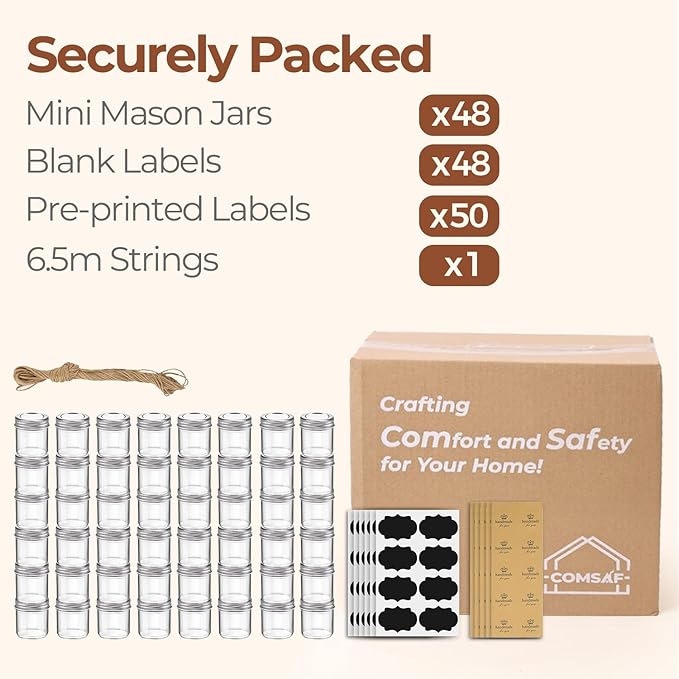 ComSaf Small Mason Jars 2 oz, 48 Pcs Mini Mason Containers, Small Canning Jars, Mini Glass Jar with Lids for Ginger Shots, Honey, Jams, Sauces, Spices, DIY Candle Decor, Wedding & Baby Shower Favors