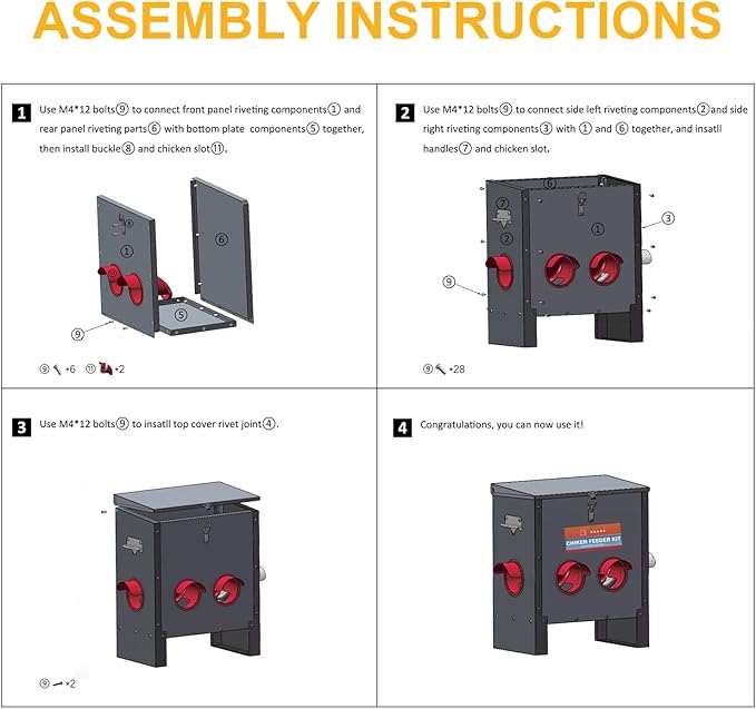 Automatic Chicken Feeder Large Capacity 25lbs Metal Chicken Feeder with Latch & Handle for Chickens, Geese, Ducks, Turkeys, Quails, Weatherproof (4-Port)
