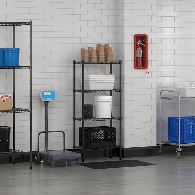 Commercial NSF Listed Black Epoxy Stationary Wire Shelving Kit 12" x 24" x 54", with 4 Shelves Perfect for Warehouse, Walk-in Refrigerator, Freezer, Grocery Store, Restaurant, Dishroom