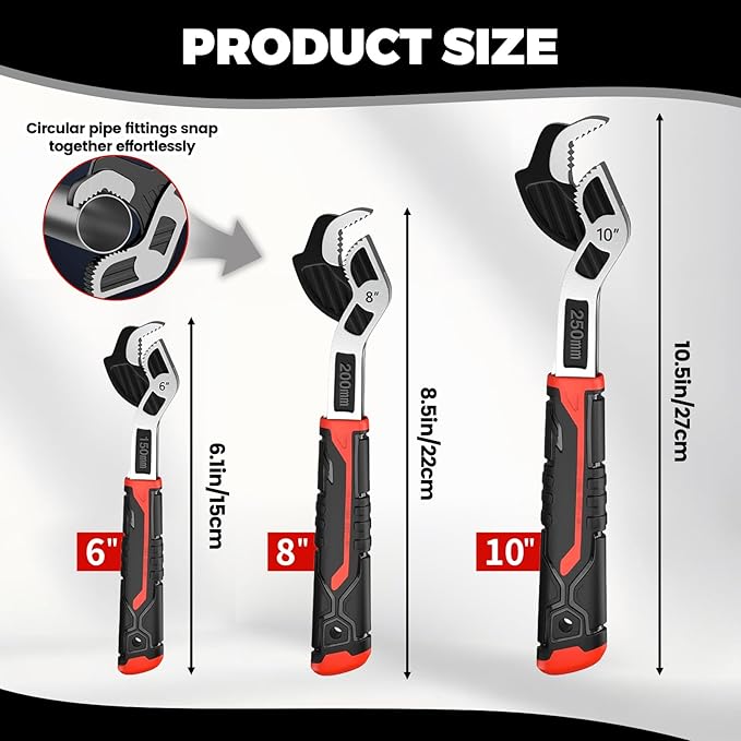 6” 8” 10” Multi-function Self-locking Pipe Wrench Set, Chromium Vanadium Steel,Plumbers Wrench with Self Tightening Function for 9/32”-1 3/8” (7-35mm) Pipe Fittings and Nuts (1set)