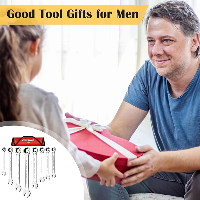 Egofine 8-Piece Ratcheting Wrench Set, Cr-V Steel SAE Wrench Set from 1/4" to 11/16", 72 Teeth Ratchet Wrench, 12 Point Open End & Box End Combination wrench set with Roll Up Pouch